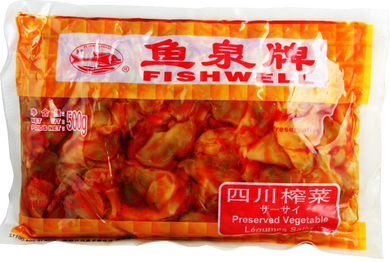 鱼泉 红油榨菜片（大）/Fishwellbrand Senfgemüse (geschnitten), eingelegt in Chiliöl 500g